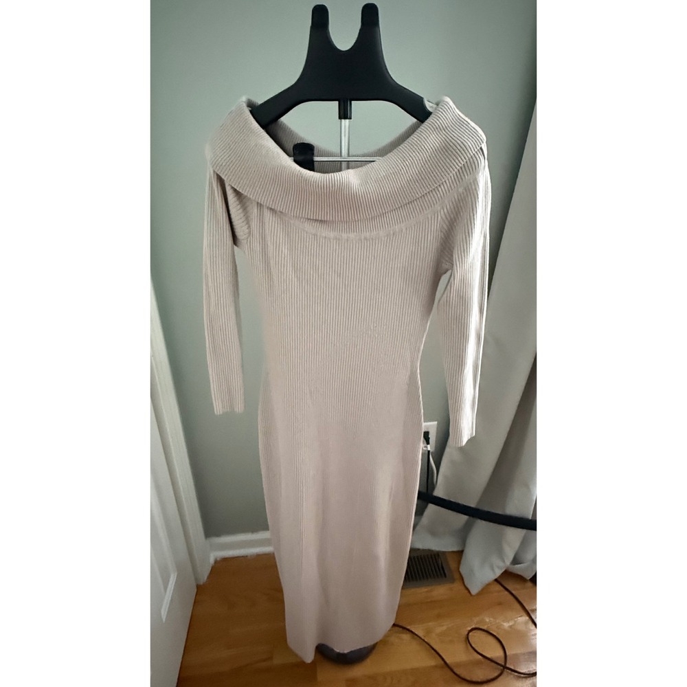 Abercrombie & Fitch XL Ribbed Sweater Dress Off Shoulder Maxi Beige Knit